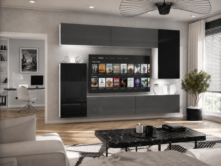 Obývací stěna 250 cm TV/RTV šedý lesk černý lesk Výrobce IMP 8/5/W/SBBS/0/0