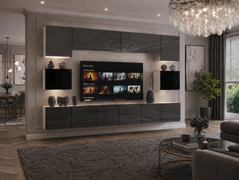Obývací stěna 300 cm TV/RTV šedý lesk černý lesk Výrobce IMP 3/5/W/SBS/0/0