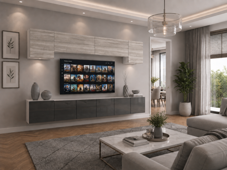 Obývací stěna 300 cm TV/RTV šedý lesk glamour wood Výrobce IMP 4/5/W/GW1S/0/0
