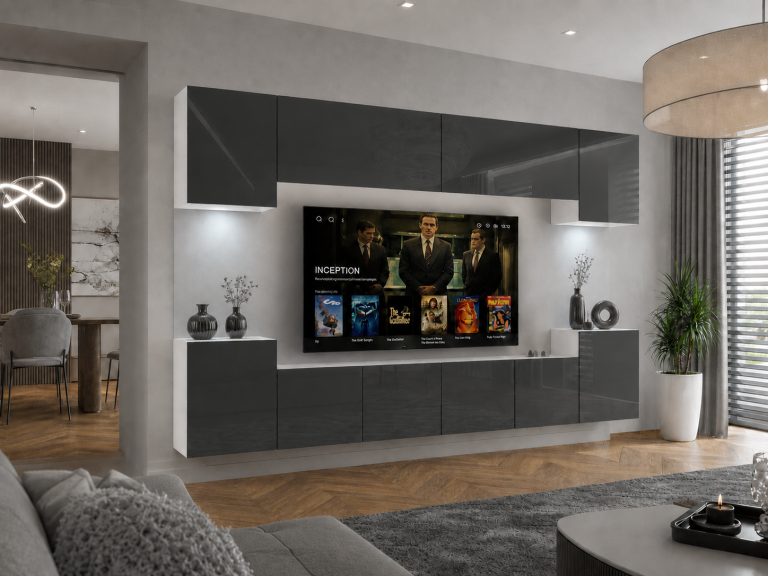Obývací stěna 300 cm TV/RTV šedý lesk Výrobce IMP 4/5/W/S/0/0
