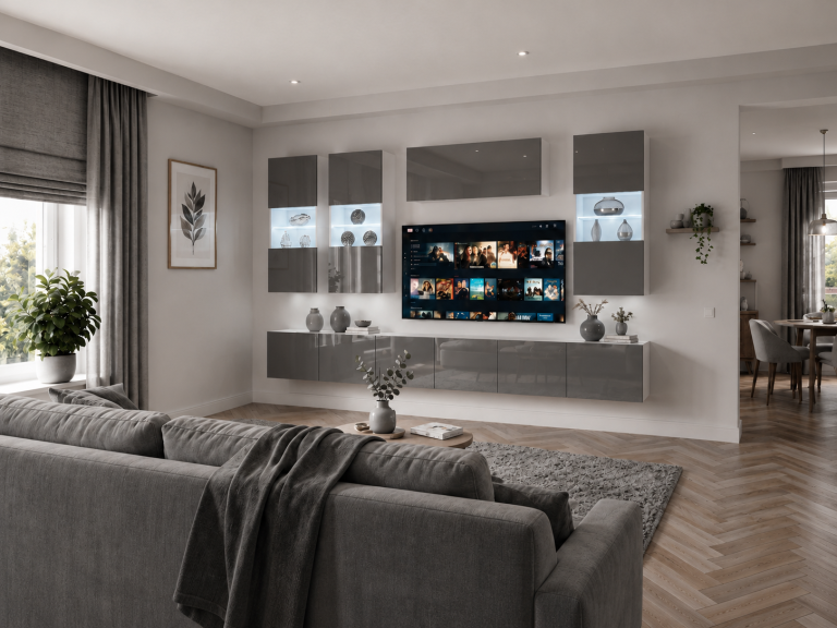 Obývací stěna 300 cm TV/RTV šedý lesk Výrobce IMP 5/5/W/S/0/0