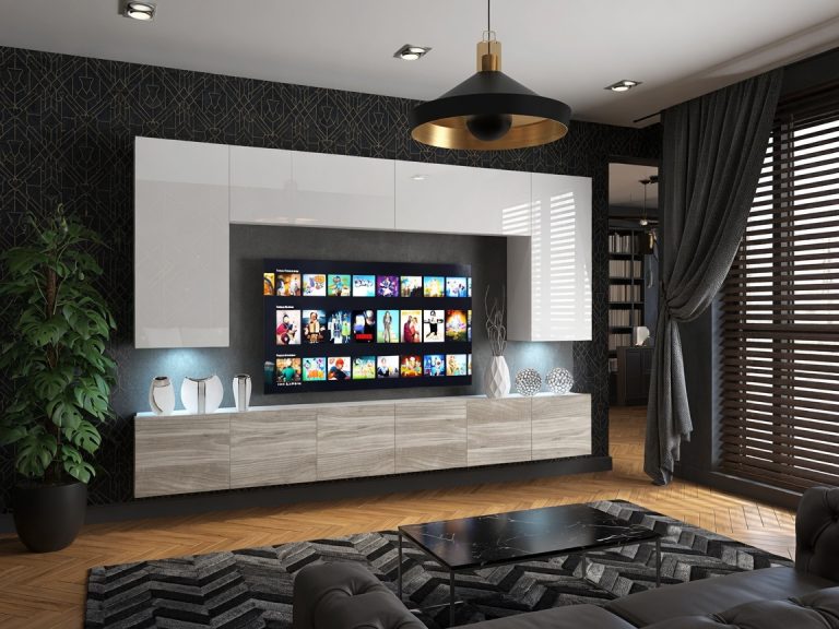 Obývací stěna 300 cm Belini bílý lesk / šedý antracit Glamour Wood Imperium 2 Výrobce IMP 2/5/W/WGW1/0/0