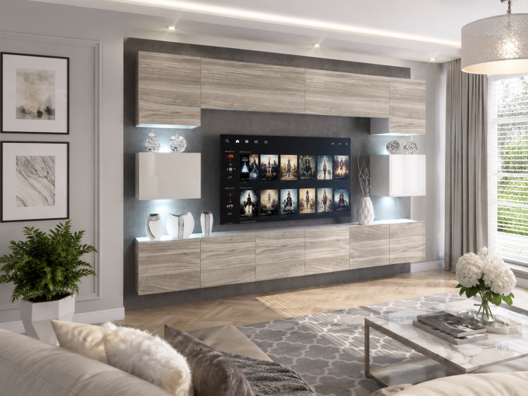 Obývací stěna 300 cm Belini šedý antracit Glamour Wood / bílý lesk Imperium 3 Výrobce IMP 3/5/W/GW1WGW1/0/0