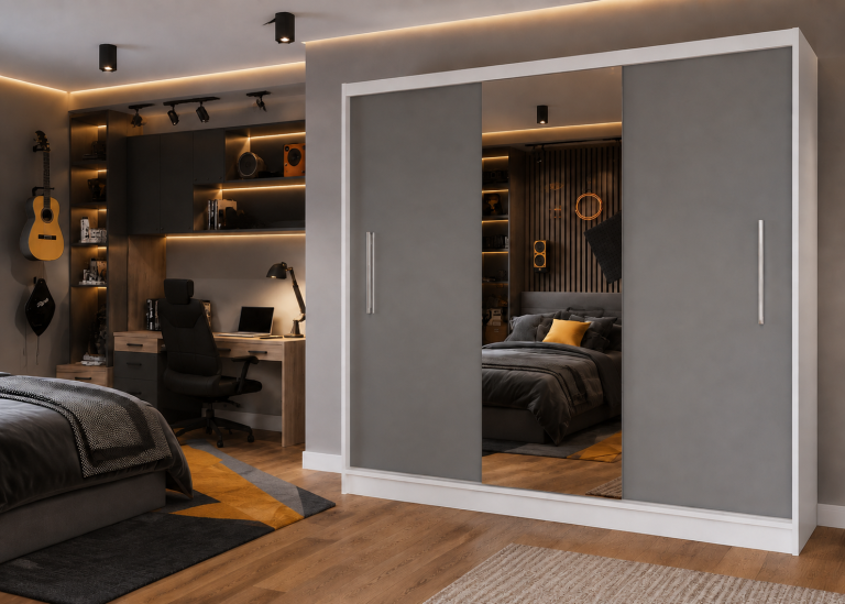 Šatní skříň s posuvnými dveřmi 232 cm se zrcadlem šedá matná Výrobce MES PRIMO SZP4/2/1W/2SR1L/0/AL