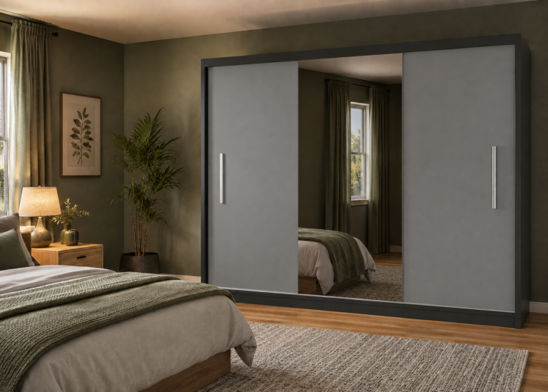 Šatní skříň s posuvnými dveřmi 232 cm se zrcadlem šedá matná Výrobce MES PRIMO SZP4/2/1B/2SR1L/0/AL