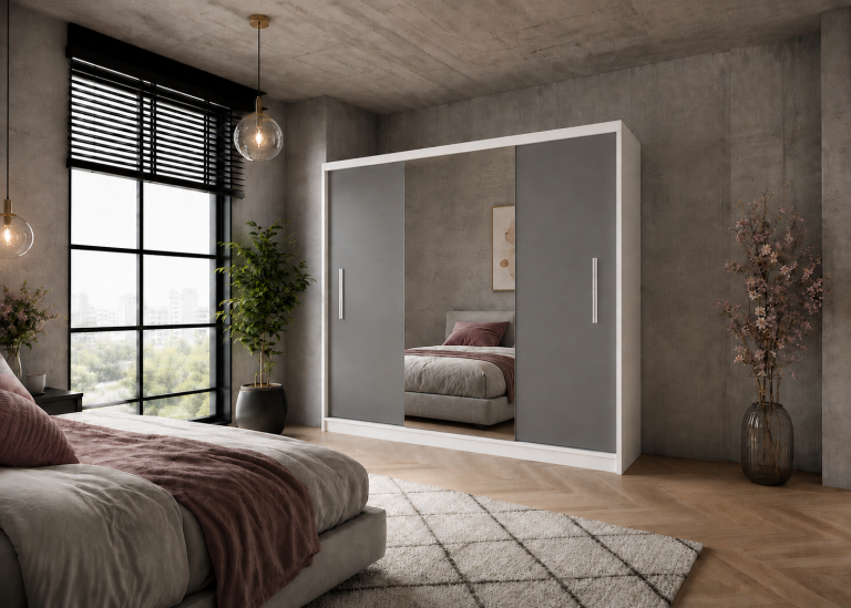 Šatní skříň s posuvnými dveřmi 232 cm se zrcadlem šedá matná Výrobce MES PRIMO SZP4/2/1W/2SR1L/0/AL