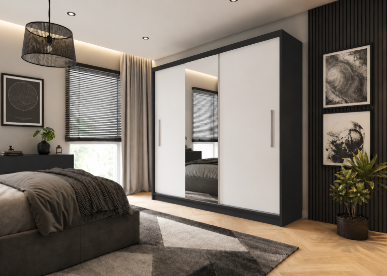 Šatní skříň s posuvnými dveřmi 232 cm se zrcadlem bílá matná Výrobce MES PRIMO SZP4/2/1B/2W1L/0/AL