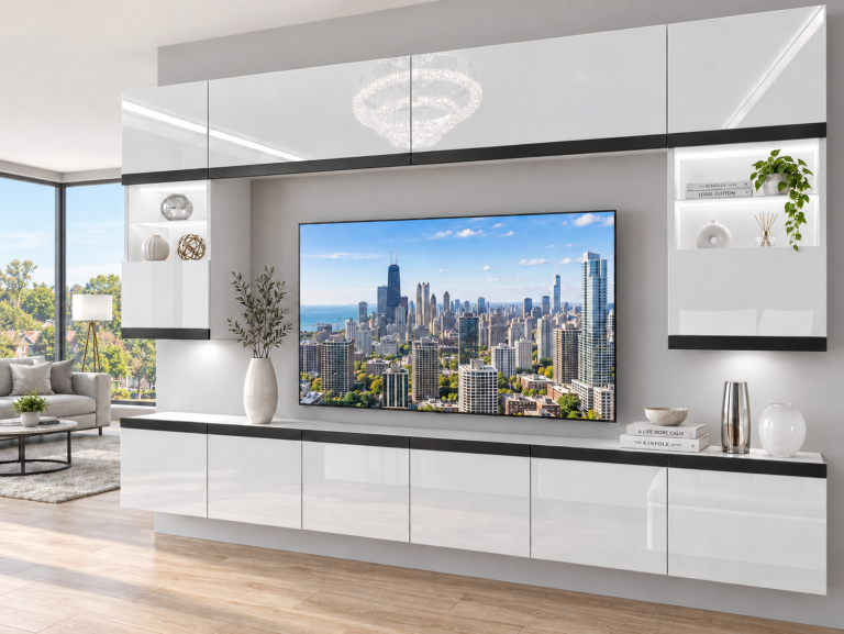 Obývací stěna Prestige 300 cm TV/RTV bílá lesk Výrobce IMP P2 Nolan 1/5/W/W/0/0/CM