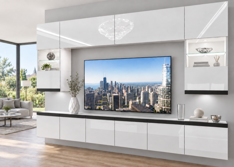 Obývací stěna Prestige 300 cm TV/RTV bílá lesk Výrobce IMP P1 Nolan 1/5/W/W/0/0/CM