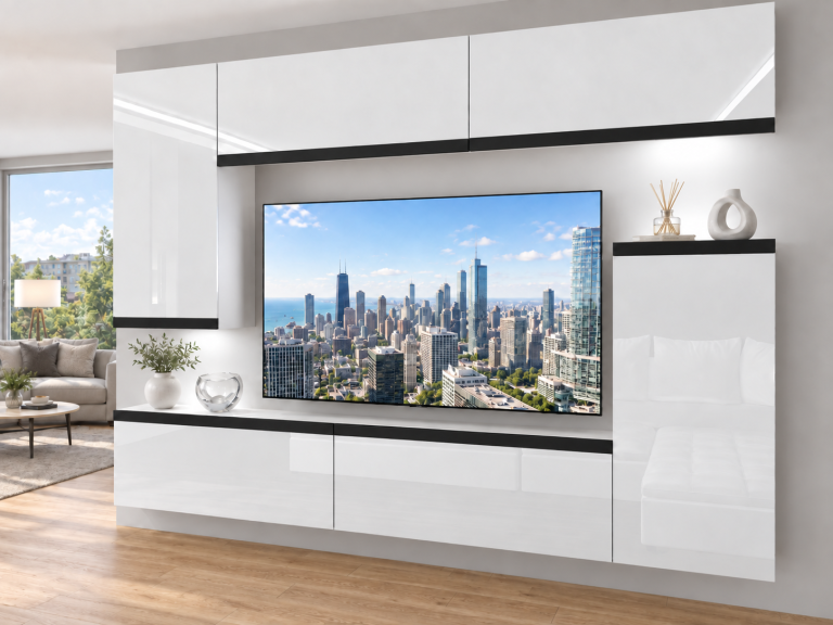 Obývací stěna Prestige 250 cm TV/RTV bílá lesk Výrobce IMP P Woody 8/5/W/W/0/0/CM