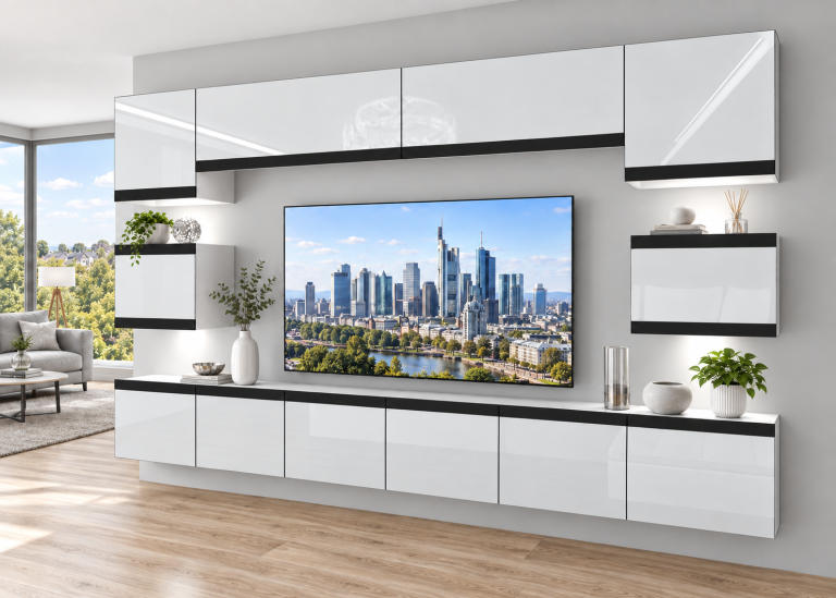Obývací stěna Prestige 300 cm TV/RTV bílá lesk Výrobce IMP P Tarantino 3/5/W/W/0/0/CM