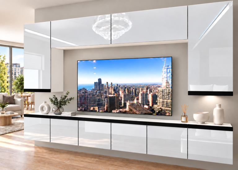 Obývací stěna Prestige 300 cm TV/RTV bílá lesk Výrobce IMP P Monroe 2/5/W/W/0/0/CM
