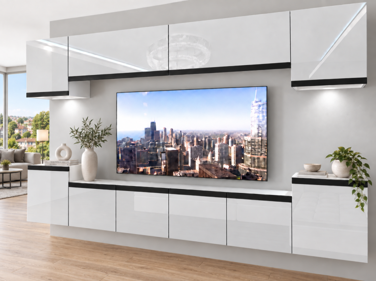 Obývací stěna Prestige 300 cm TV/RTV bílá lesk Výrobce IMP P Hepburn 4/5/W/W/0/0/CM