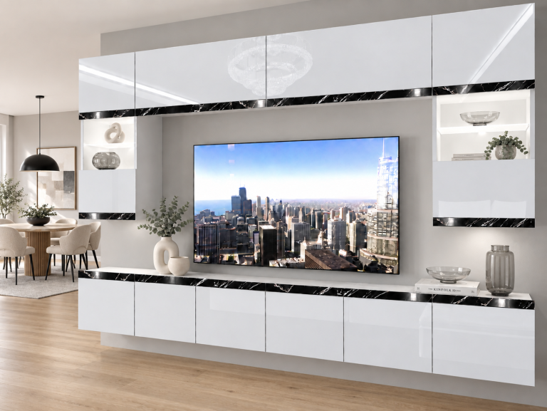 Obývací stěna Prestige 300 cm TV/RTV bílá lesk Výrobce IMP P2 Nolan 1/5/W/W/0/0/CS
