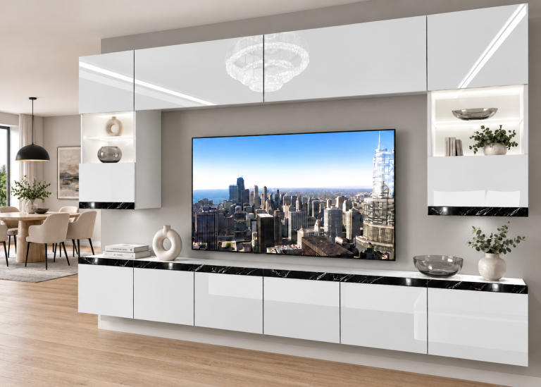 Obývací stěna Prestige 300 cm TV/RTV bílá lesk Výrobce IMP P1 Nolan 1/5/W/W/0/0/CS
