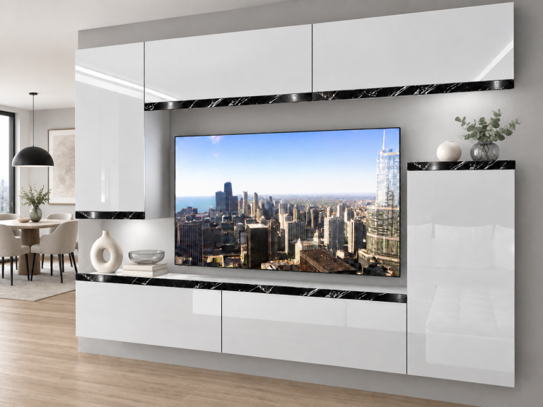 Obývací stěna Prestige 250 cm TV/RTV bílá lesk Výrobce IMP P Woody 8/5/W/W/0/0/CS