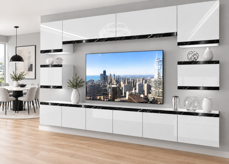 Obývací stěna Prestige 300 cm TV/RTV bílá lesk Výrobce IMP P Tarantino 3/5/W/W/0/0/CS