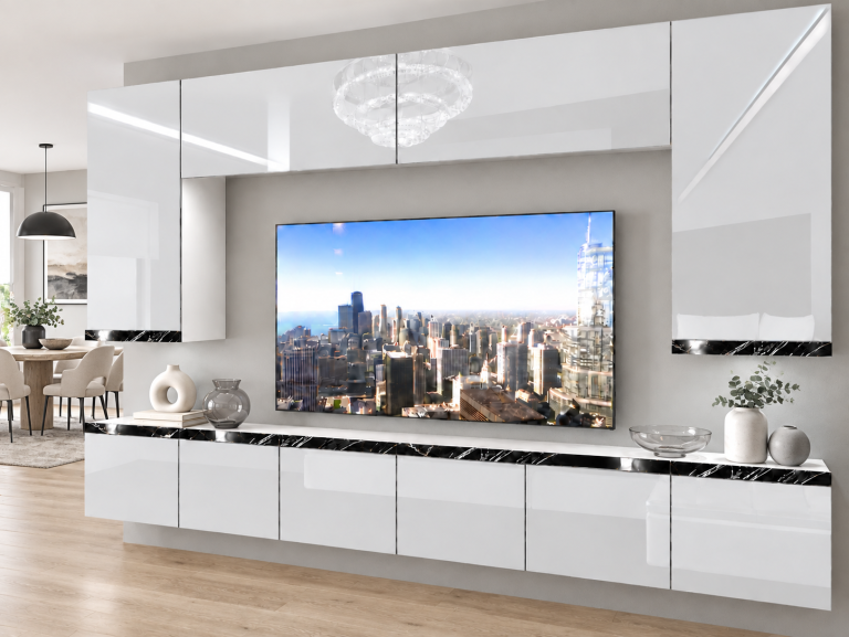 Obývací stěna Prestige 300 cm TV/RTV bílá lesk Výrobce IMP P Monroe 2/5/W/W/0/0/CS