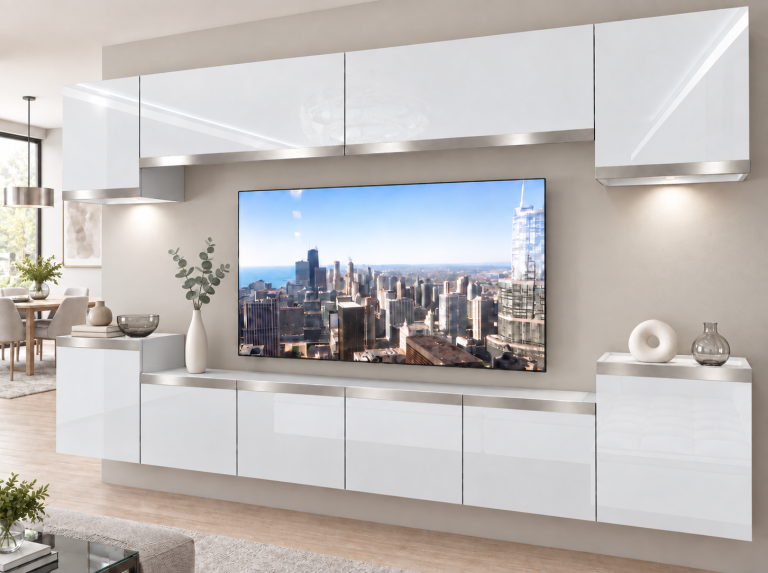 Obývací stěna Prestige 300 cm TV/RTV bílá lesk Výrobce IMP P Hepburn 4/5/W/W/0/0/SL