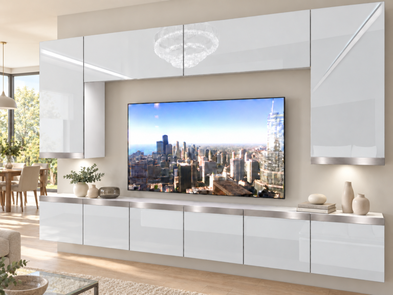 Obývací stěna Prestige 300 cm TV/RTV bílá lesk Výrobce IMP P Monroe 2/5/W/W/0/0/SL
