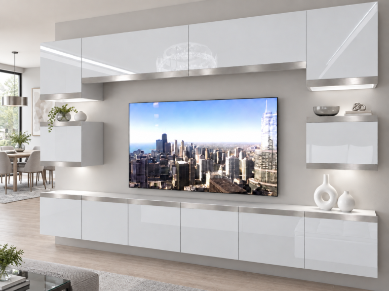 Obývací stěna Prestige 300 cm TV/RTV bílá lesk Výrobce IMP P Tarantino 3/5/W/W/0/0/SL