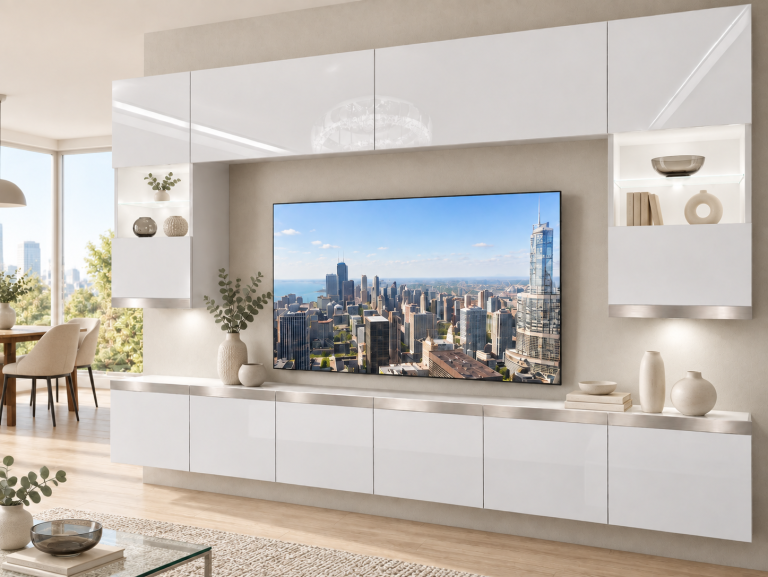 Obývací stěna Prestige 300 cm TV/RTV bílá lesk Výrobce IMP P1 Nolan 1/5/W/W/0/0/SL