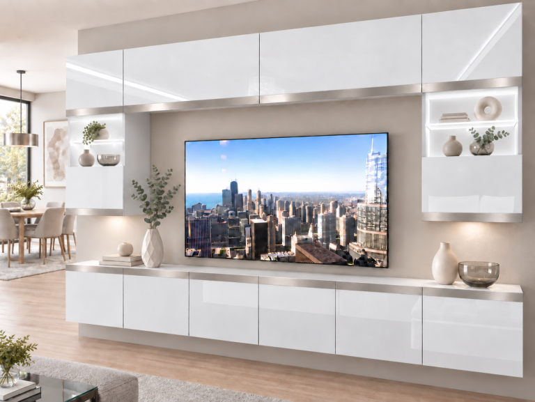 Obývací stěna Prestige 300 cm TV/RTV bílá lesk Výrobce IMP P2 Nolan 1/5/W/W/0/0/SL