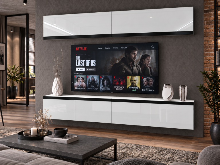 Obývací stěna Prestige 200 cm TV/RTV bílá lesk Výrobce IMP P Brando 6/5/W/W/0/0/CM
