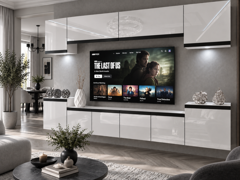 Obývací stěna Prestige 300 cm TV/RTV bílá lesk Výrobce IMP P Hepburn 4/5/W/W/0/0/CM