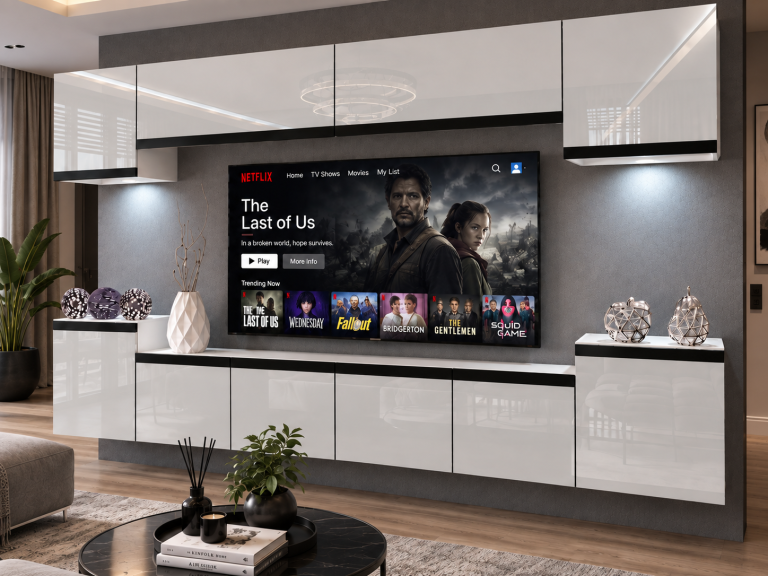 Obývací stěna Prestige 300 cm TV/RTV bílá lesk Výrobce IMP P Hepburn 4/5/W/W/0/0/CM