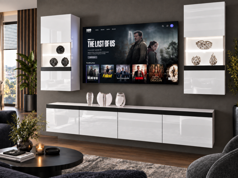Obývací stěna Prestige 200 cm TV/RTV bílá lesk Výrobce IMP P Keanu 7/5/W/W/0/0/CM