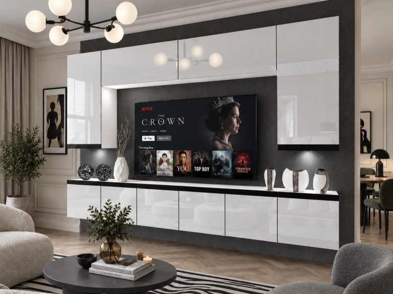 Obývací stěna Prestige 300 cm TV/RTV bílá lesk Výrobce IMP P Monroe 2/5/W/W/0/0/CM