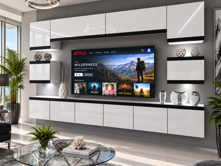Obývací stěna Prestige 300 cm TV/RTV bílá lesk Výrobce IMP P Tarantino 3/5/W/W/0/0/CM