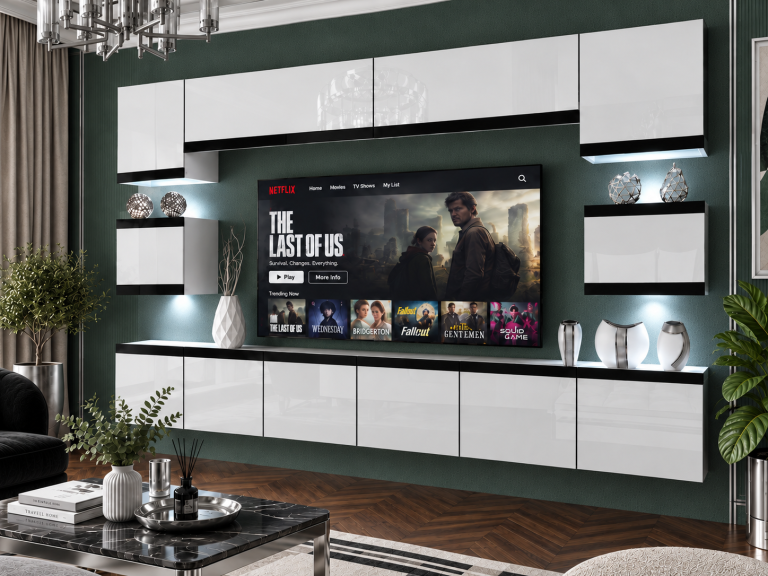 Obývací stěna Prestige 300 cm TV/RTV bílá lesk Výrobce IMP P Tarantino 3/5/W/W/0/0/CM