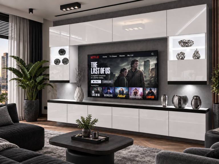 Obývací stěna Prestige 300 cm TV/RTV bílá lesk Výrobce IMP P1 Nolan 1/5/W/W/0/0/CM