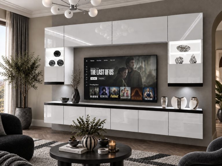 Obývací stěna Prestige 300 cm TV/RTV bílá lesk Výrobce IMP P1 Nolan 1/5/W/W/0/0/CM