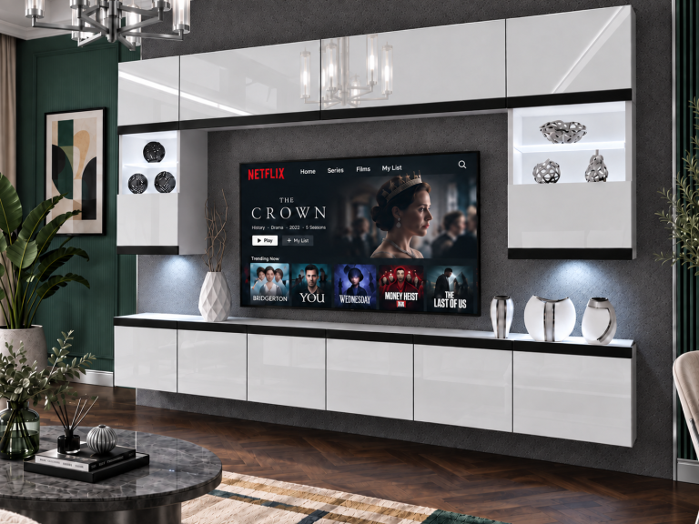 Obývací stěna Prestige 300 cm TV/RTV bílá lesk Výrobce IMP P2 Nolan 1/5/W/W/0/0/CM