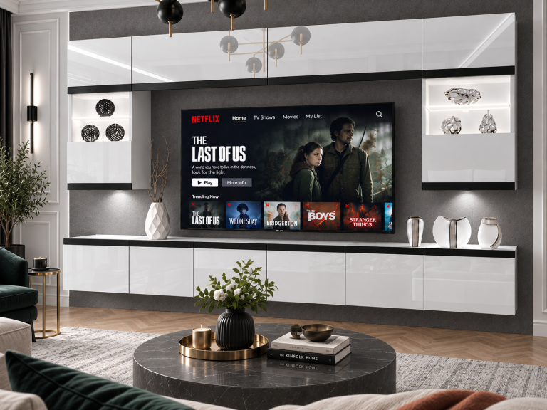 Obývací stěna Prestige 300 cm TV/RTV bílá lesk Výrobce IMP P2 Nolan 1/5/W/W/0/0/CM