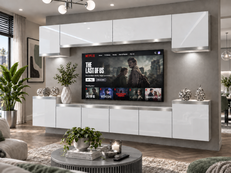 Obývací stěna Prestige 300 cm TV/RTV bílá lesk Výrobce IMP P Hepburn 4/5/W/W/0/0/SL