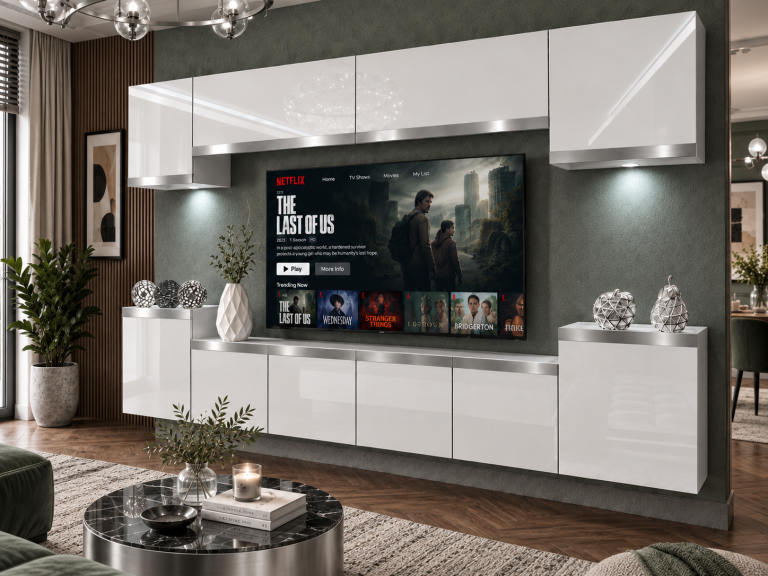 Obývací stěna Prestige 300 cm TV/RTV bílá lesk Výrobce IMP P Hepburn 4/5/W/W/0/0/SL