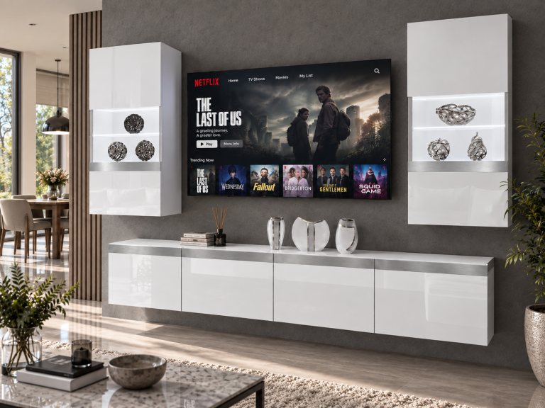 Obývací stěna Prestige 200 cm TV/RTV bílá lesk Výrobce IMP P Keanu 7/5/W/W/0/0/SL