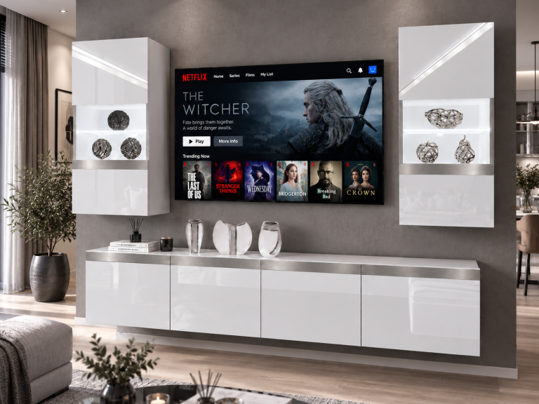 Obývací stěna Prestige 200 cm TV/RTV bílá lesk Výrobce IMP P Keanu 7/5/W/W/0/0/SL
