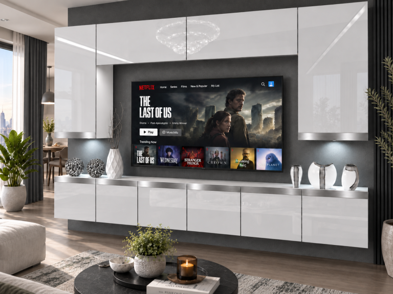 Obývací stěna Prestige 300 cm TV/RTV bílá lesk Výrobce IMP P Monroe 2/5/W/W/0/0/SL