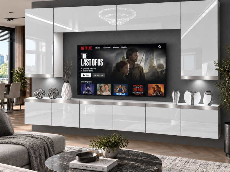 Obývací stěna Prestige 300 cm TV/RTV bílá lesk Výrobce IMP P Monroe 2/5/W/W/0/0/SL