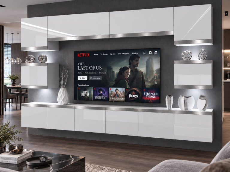 Obývací stěna Prestige 300 cm TV/RTV bílá lesk Výrobce IMP P Tarantino 3/5/W/W/0/0/SL