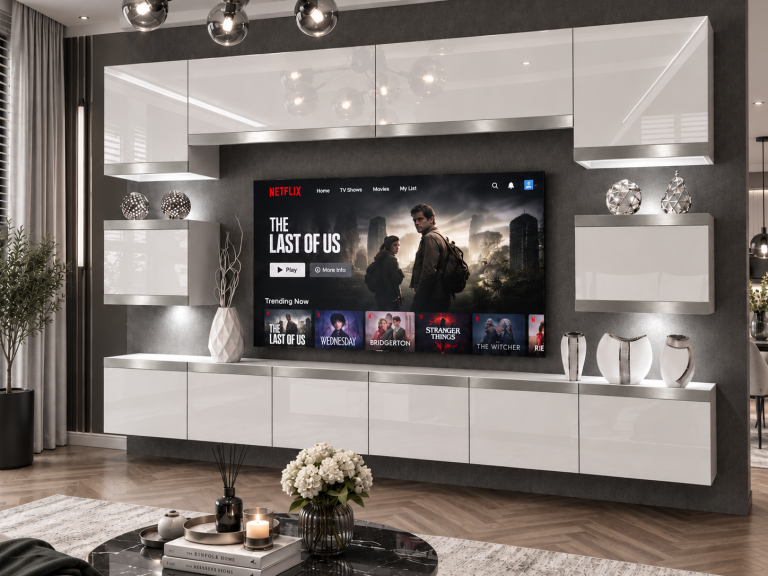 Obývací stěna Prestige 300 cm TV/RTV bílá lesk Výrobce IMP P Tarantino 3/5/W/W/0/0/SL