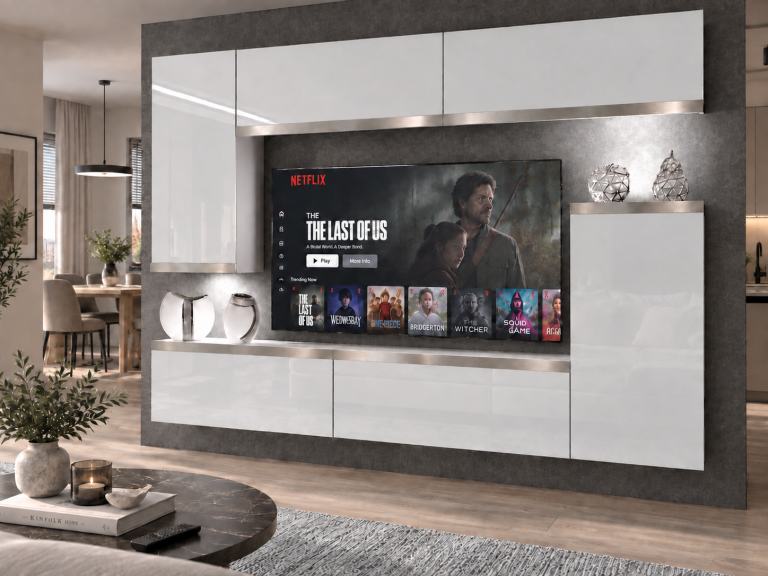 Obývací stěna Prestige 250 cm TV/RTV bílá lesk Výrobce IMP P Woody 8/5/W/W/0/0/SL