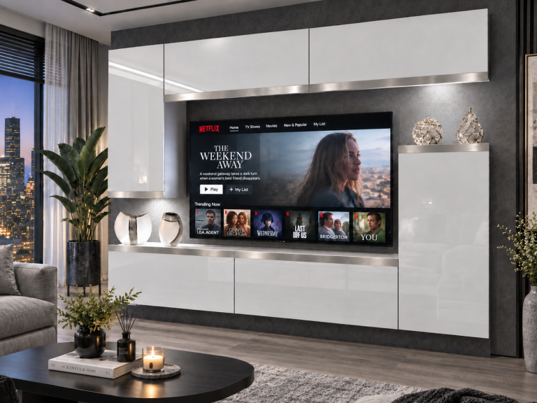 Obývací stěna Prestige 250 cm TV/RTV bílá lesk Výrobce IMP P Woody 8/5/W/W/0/0/SL