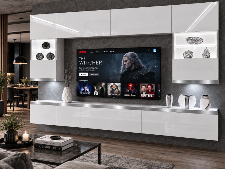 Obývací stěna Prestige 300 cm TV/RTV bílá lesk Výrobce IMP P1 Nolan 1/5/W/W/0/0/SL