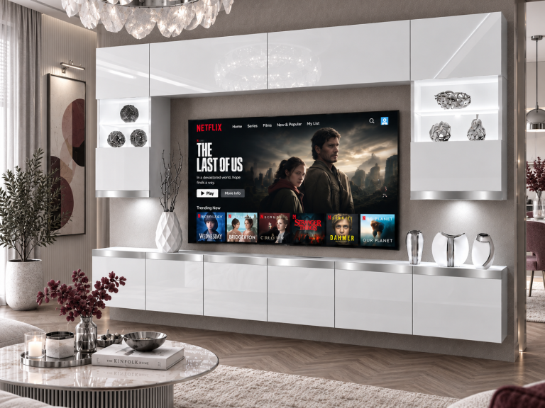 Obývací stěna Prestige 300 cm TV/RTV bílá lesk Výrobce IMP P1 Nolan 1/5/W/W/0/0/SL